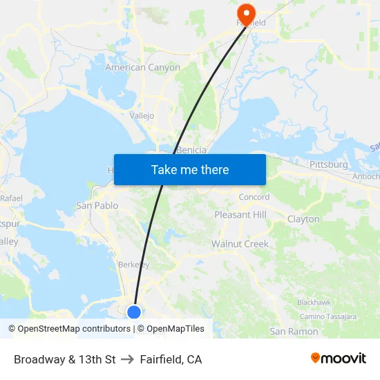 Broadway & 13th St to Fairfield, CA map