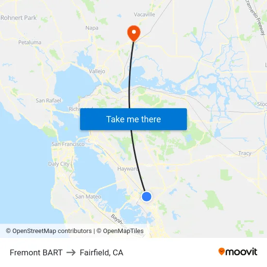 Fremont BART to Fairfield, CA map