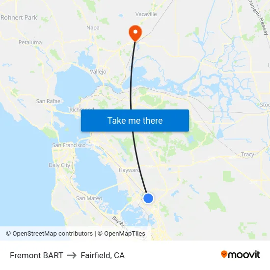 Fremont BART to Fairfield, CA map