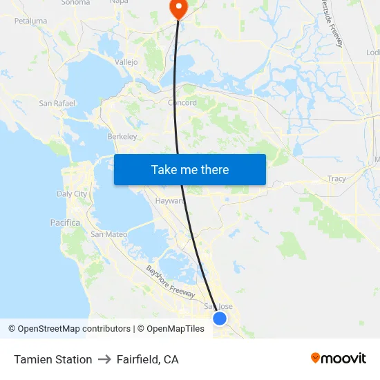 Tamien Station to Fairfield, CA map