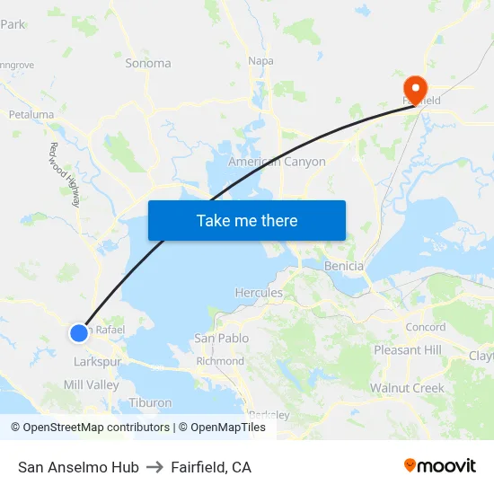 San Anselmo Hub to Fairfield, CA map