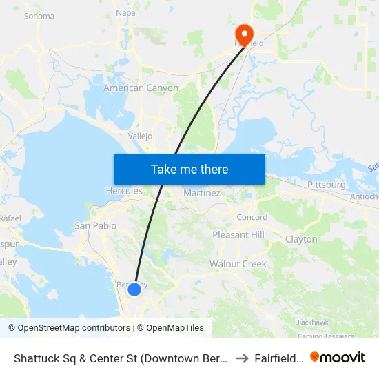 Shattuck Sq & Center St (Downtown Berkeley BART) to Fairfield, CA map