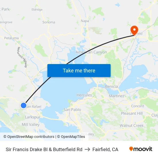 Sir Francis Drake Bl & Butterfield Rd to Fairfield, CA map