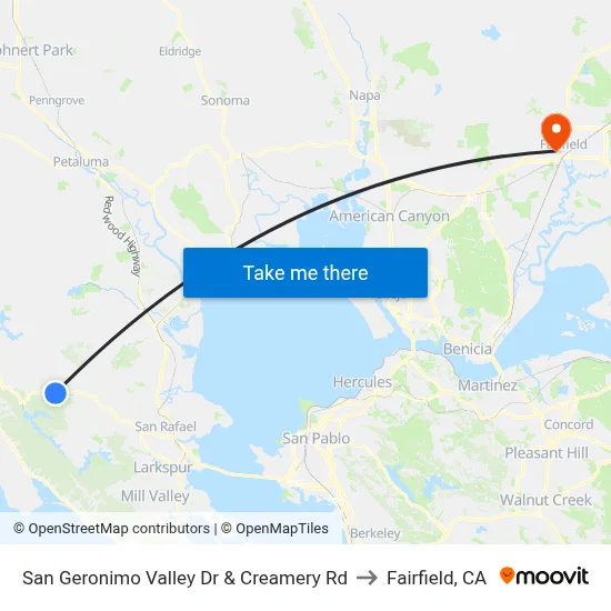 San Geronimo Valley Dr & Creamery Rd to Fairfield, CA map