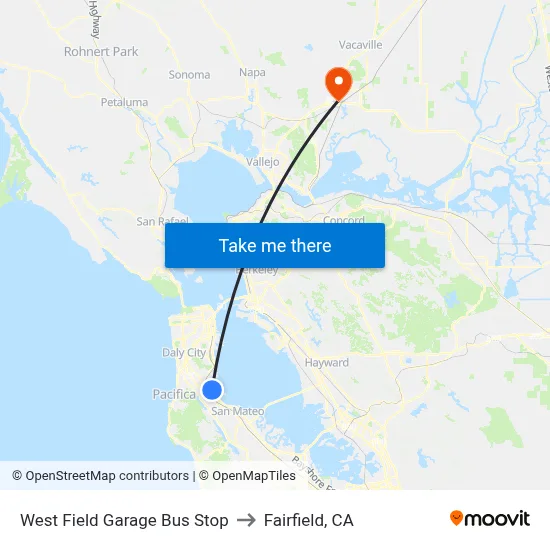 West Field Garage Bus Stop to Fairfield, CA map