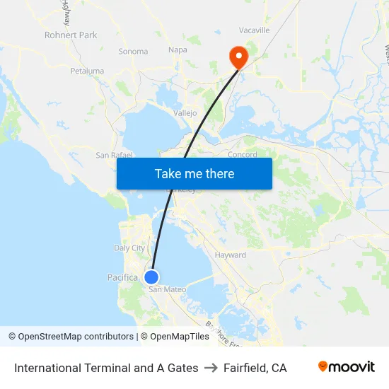 International Terminal and A Gates to Fairfield, CA map