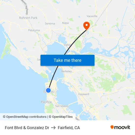 Font Blvd & Gonzalez Dr to Fairfield, CA map