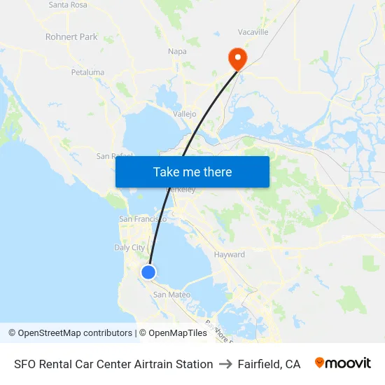 SFO Rental Car Center Airtrain Station to Fairfield, CA map