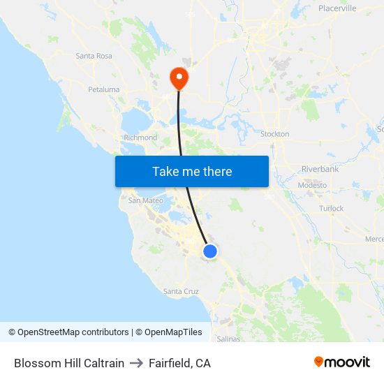 Blossom Hill Caltrain to Fairfield, CA map