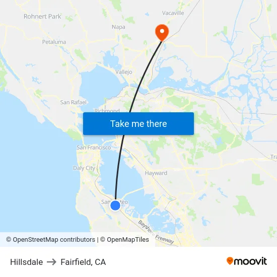 Hillsdale to Fairfield, CA map