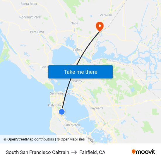 South San Francisco Caltrain to Fairfield, CA map