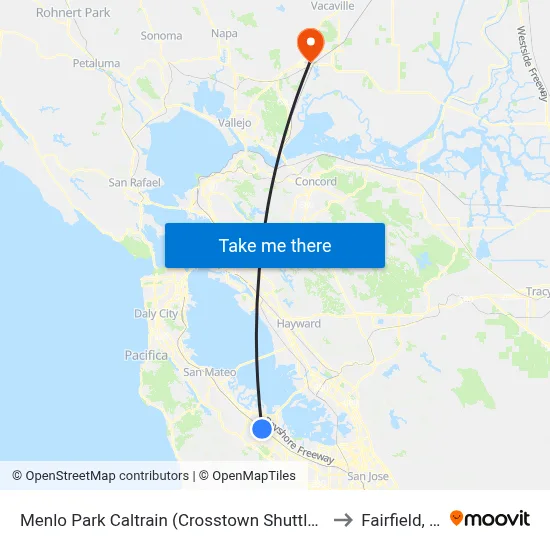 Menlo Park Caltrain (Crosstown Shuttle Stop) to Fairfield, CA map