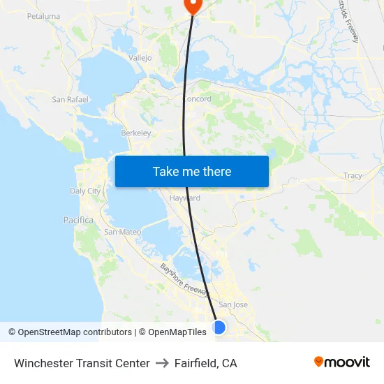 Winchester Transit Center to Fairfield, CA map