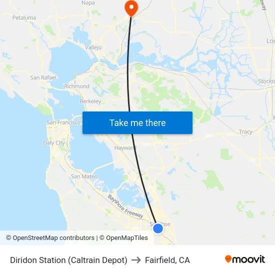 Diridon Station (Caltrain Depot) to Fairfield, CA map