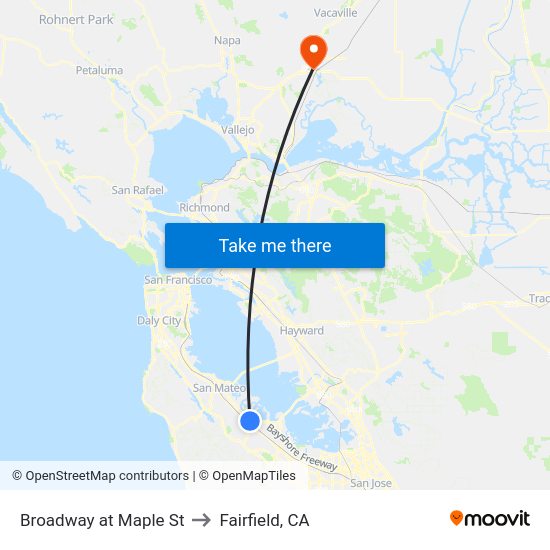 Broadway at Maple St to Fairfield, CA map