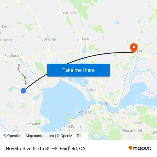 Novato Blvd & 7th St to Fairfield, CA map
