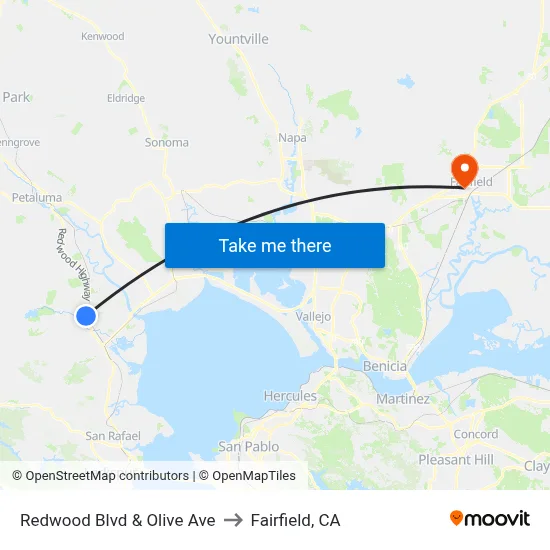 Redwood Blvd & Olive Ave to Fairfield, CA map