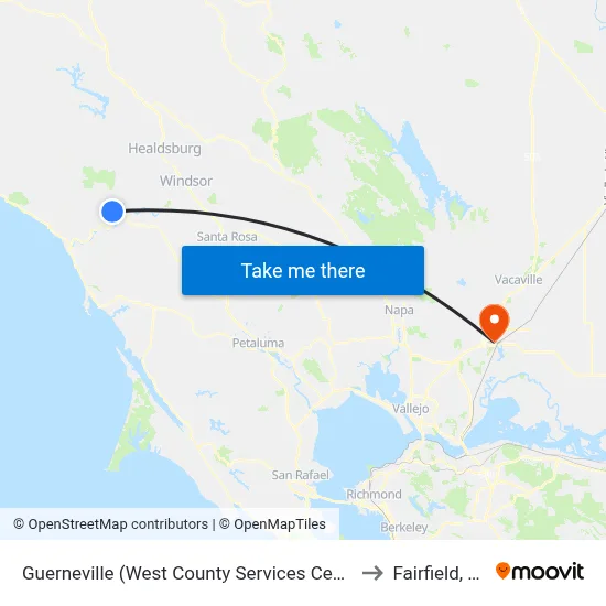 Guerneville (West County Services Center) to Fairfield, CA map