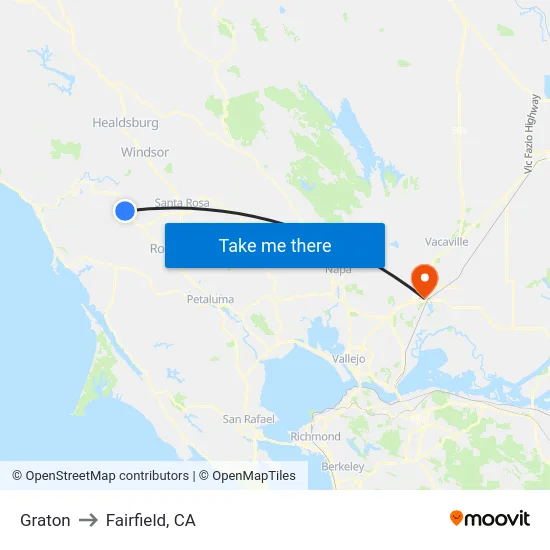 Graton to Fairfield, CA map