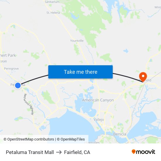 Petaluma Transit Mall to Fairfield, CA map