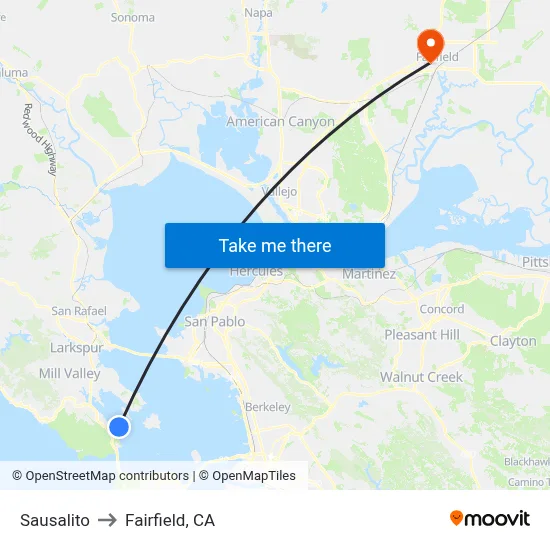 Sausalito to Fairfield, CA map