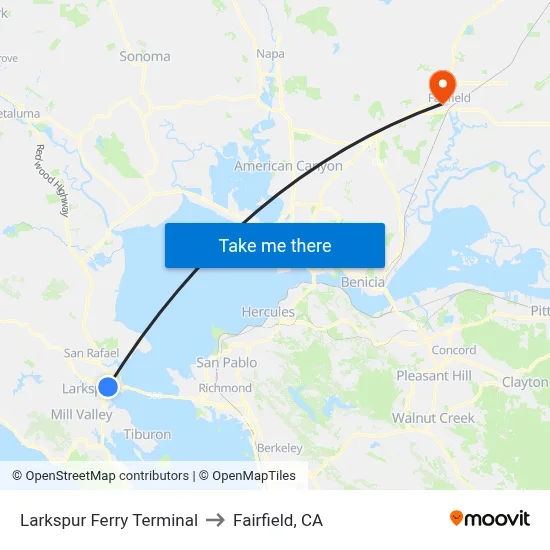 Larkspur Ferry Terminal to Fairfield, CA map