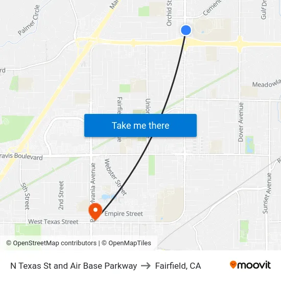 N Texas St and Air Base Parkway to Fairfield, CA map