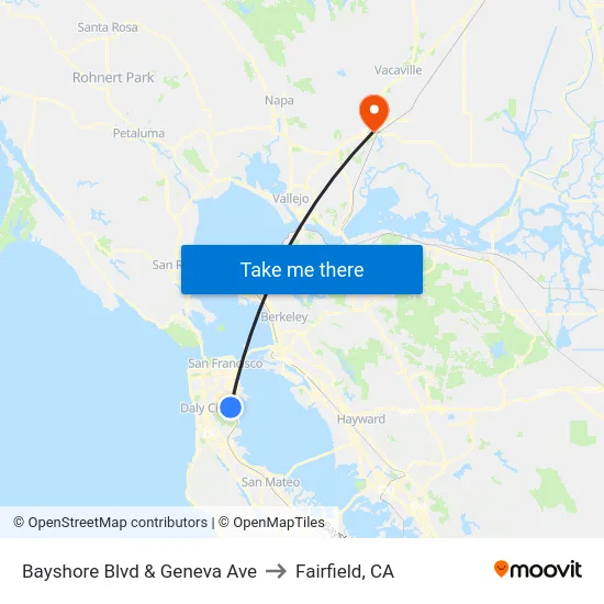 Bayshore Blvd & Geneva Ave to Fairfield, CA map
