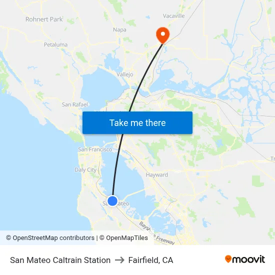San Mateo Caltrain Station to Fairfield, CA map