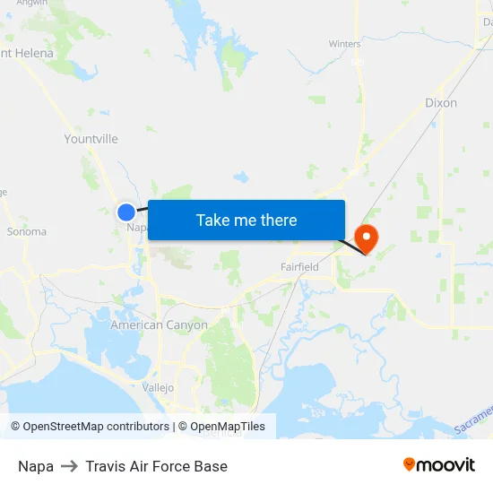 Napa to Travis Air Force Base map