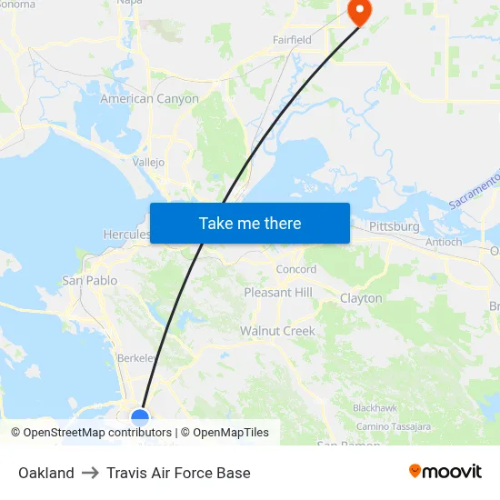 Oakland to Travis Air Force Base map