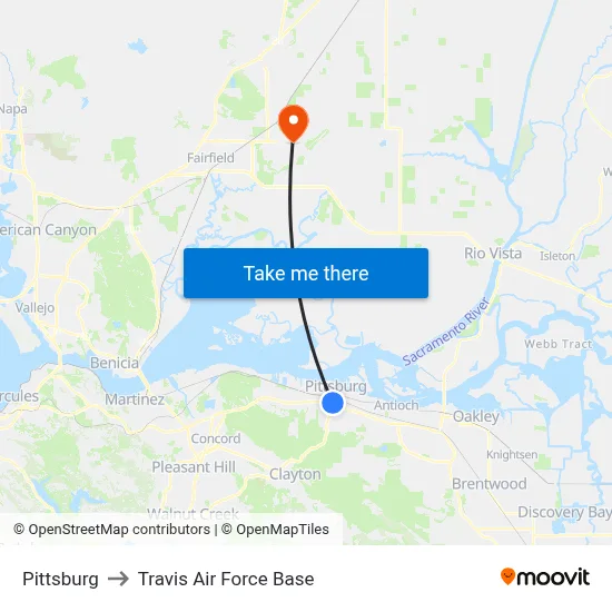 Pittsburg to Travis Air Force Base map