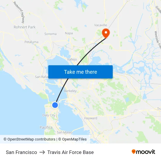 San Francisco to Travis Air Force Base map