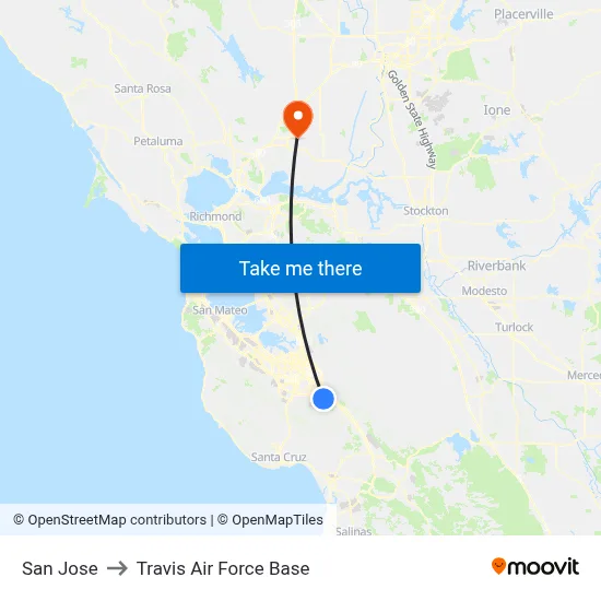 San Jose to Travis Air Force Base map