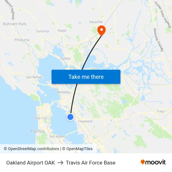 Oakland Airport OAK to Travis Air Force Base map
