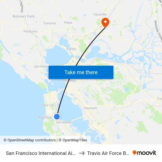 San Francisco International Airport to Travis Air Force Base map