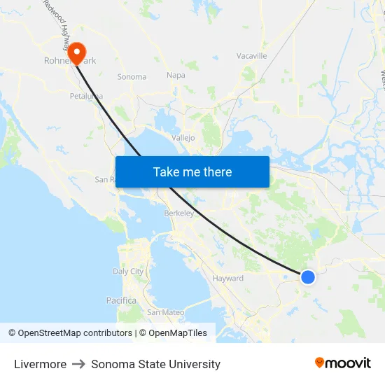 Livermore to Sonoma State University map