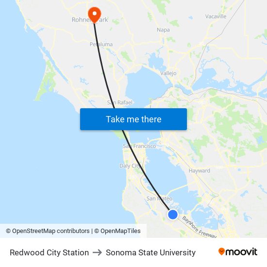 Redwood City Station to Sonoma State University map