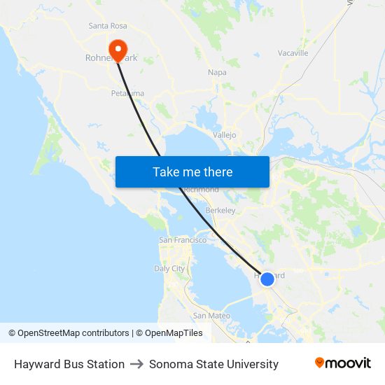 Hayward Bus Station to Sonoma State University map