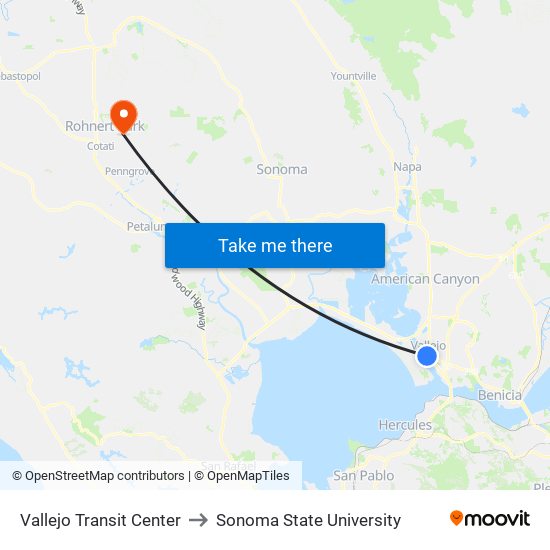 Vallejo Transit Center to Sonoma State University map