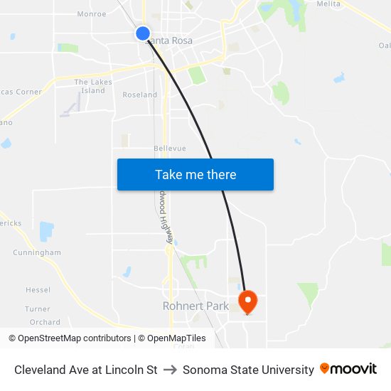 Cleveland Ave at Lincoln St to Sonoma State University map