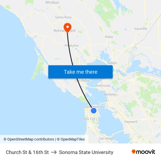 Church St & 16th St to Sonoma State University map