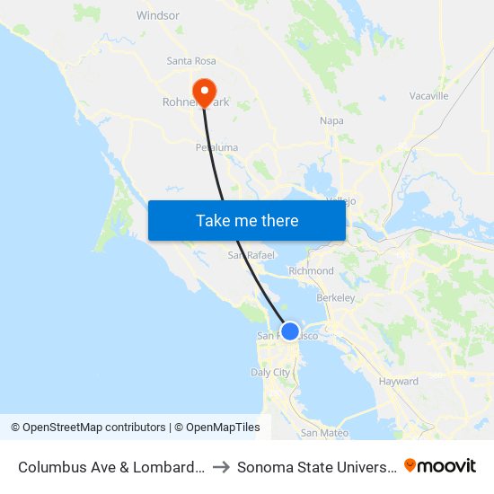 Columbus Ave & Lombard St to Sonoma State University map