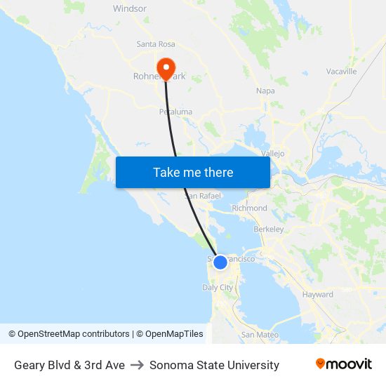 Geary Blvd & 3rd Ave to Sonoma State University map