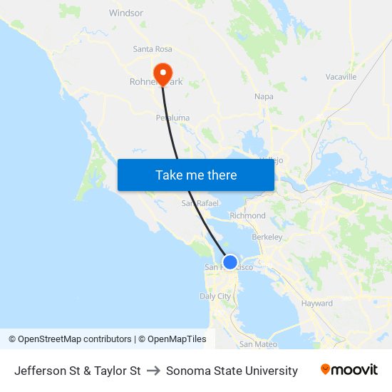 Jefferson St & Taylor St to Sonoma State University map