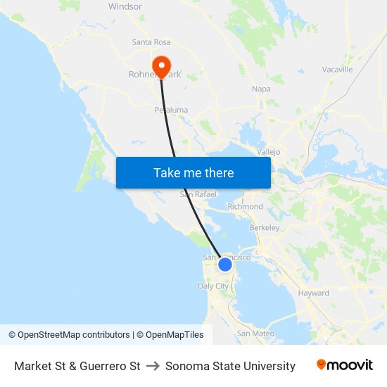 Market St & Guerrero St to Sonoma State University map
