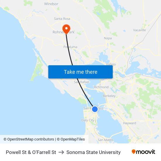 Powell St & O'Farrell St to Sonoma State University map