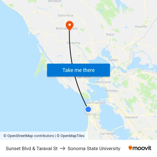 Sunset Blvd & Taraval St to Sonoma State University map