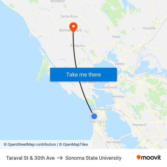 Taraval St & 30th Ave to Sonoma State University map