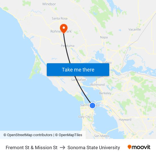 Fremont St & Mission St to Sonoma State University map